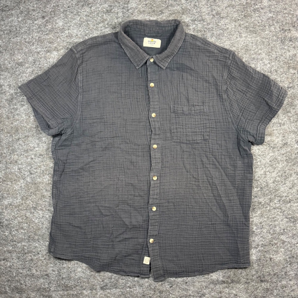 Marine Layer Crinkle Double Cloth Short Sleeve Button-Down Shirt Mens L Gray